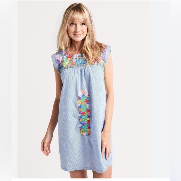 J. Marie Blue White Striped Floral Embroidery Ana Maria Shift Dress Sz S - Picture 1 of 6